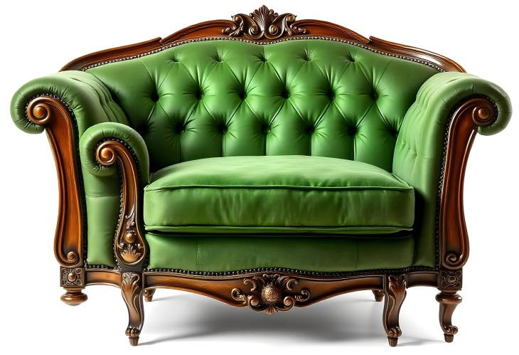 Ornate Green Velvet Armchair with Baroque Gold Detailing